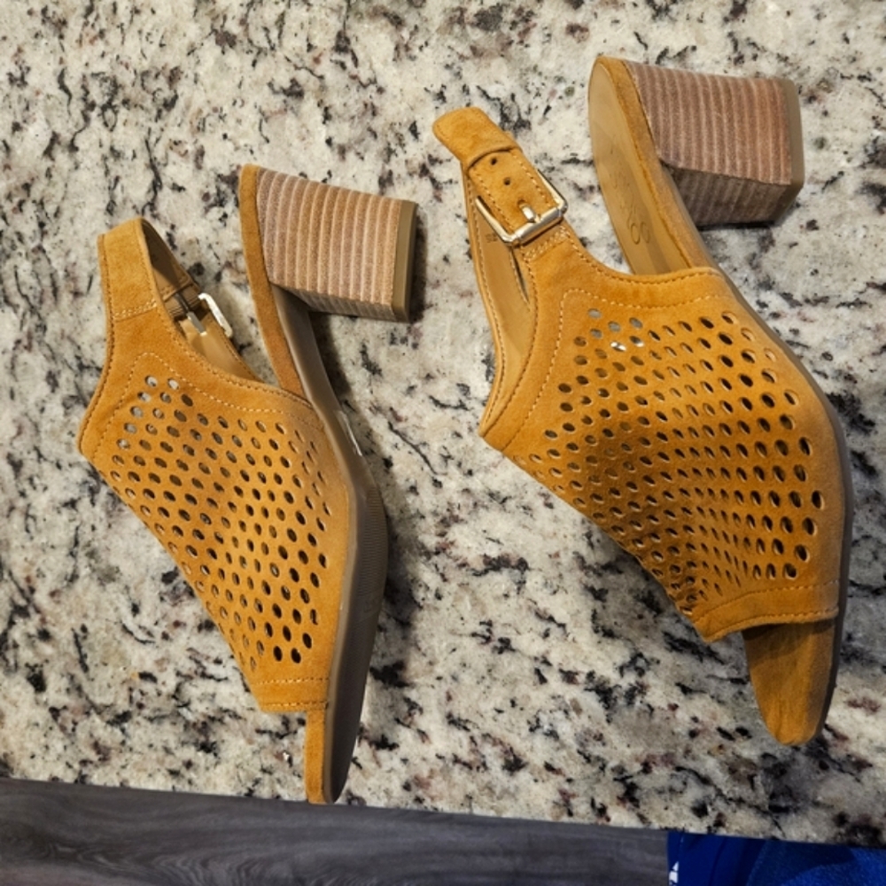 Tan Perforated Block Heel Sandals